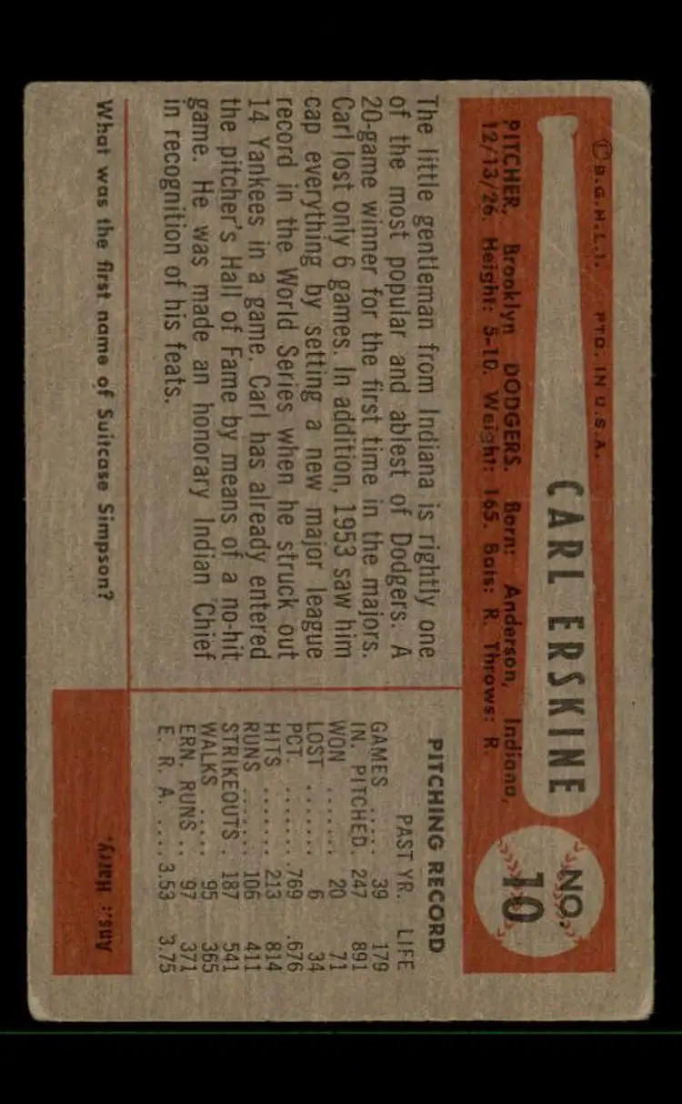 1954 Bowman #10 Carl Erskine - (pk-tl3) - Brooklyn Dodgers