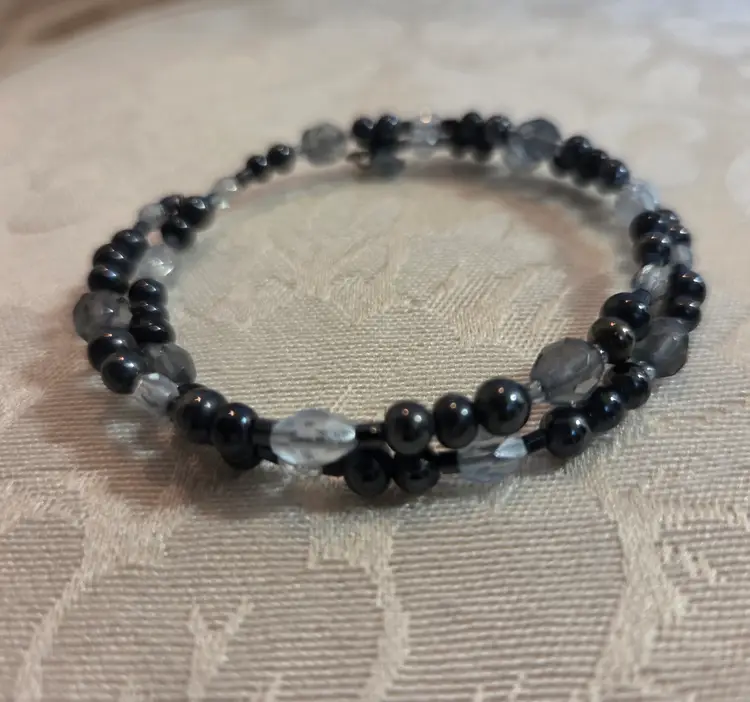 Vintage Wrap Bracelet with Black, Smoke, and Light Gray Plastic Beads