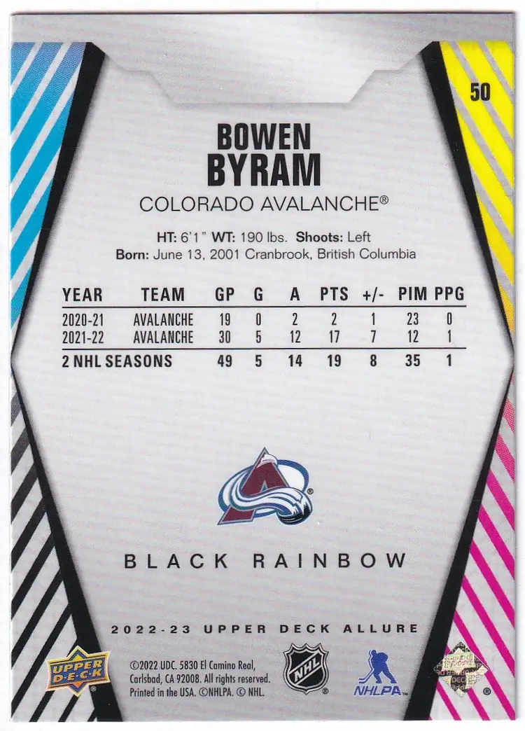 2022-23 Upper Deck Allure Black Rainbow #50 Bowen Byram Colorado Avalanche Hockey Card