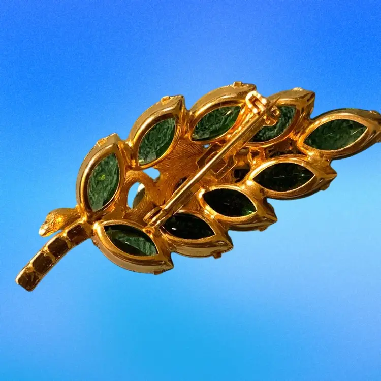Vintage Leaf Shape Brooch With Prong Set Green  Marquis Gold Tone Ribbon , Pink Rhinestones And Red Rhinestones For The Stem