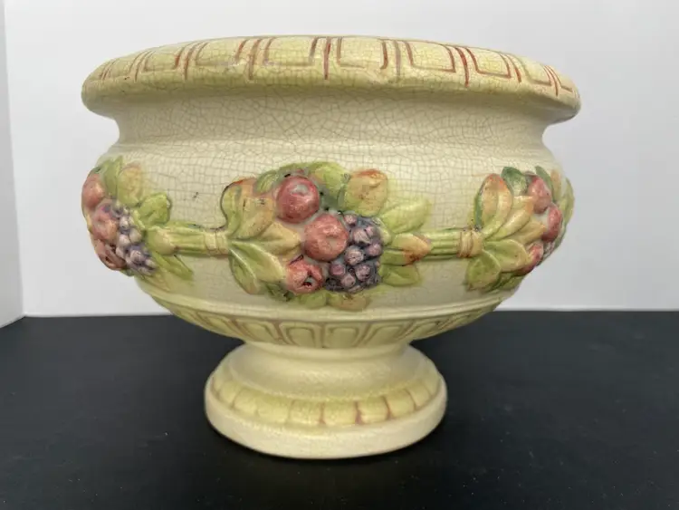 Vintage Weller Pottery Roma Fruit Jardiniere Pedestal Planter 6” H X 8” W