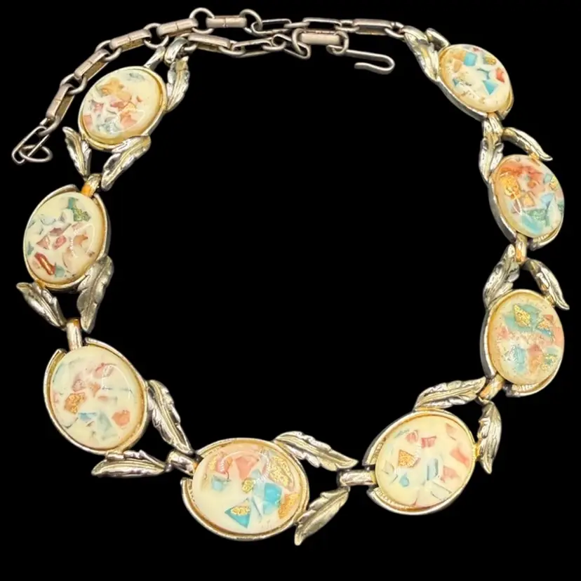 Vintage ©CORO Gold Tone Lucite White Pink Blue Green Confetti Bracelet - 16 Inches