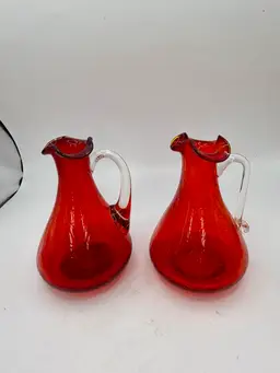 Vintage Blown Crackle Glass Mini Pitchers Amber Red UV GLOW Glass  Set of 2