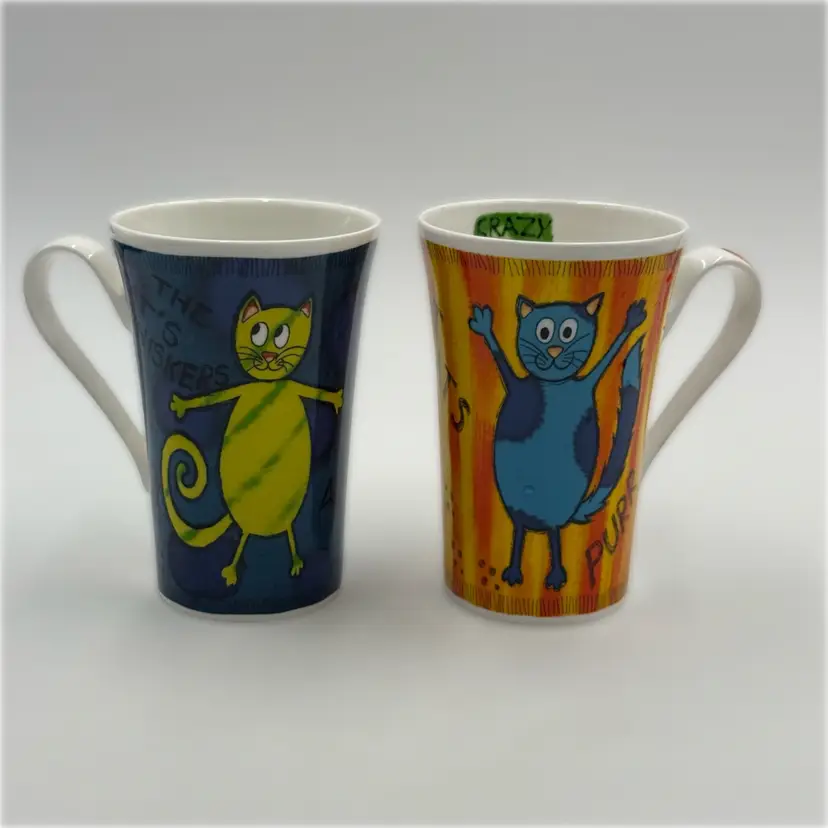 Roy Kirkham Crazy Cats Two Coffee Mugs Fine Bone China England The Cats Whiskers And Fat Cats
