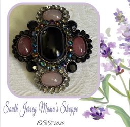 Vintage Black And Pink Acrylic With Rhinestone And Aurora Borealis Accent Pendant Brooch