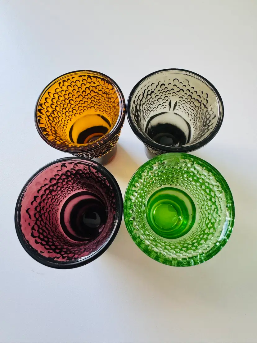 Vintage Amber, Cranberry, Green, & Black Shot Glasses