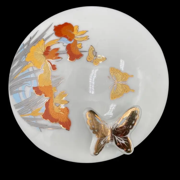 Vintage Porcelain Trinket Box w/Lid, Butterflies & Orchids, Gold, Made in Japan