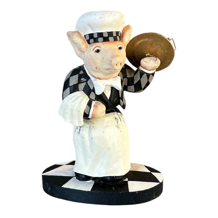 Department 56 Bistro Wooden Pig Chef Decorative Bobble Head with Gold Tray