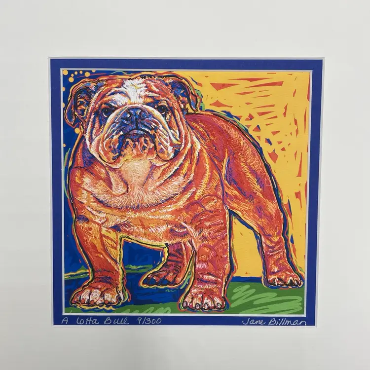 Original Artwork A Lot of Bull Bulldog Dog Puppy Hound Signed Jane Billman Vintage