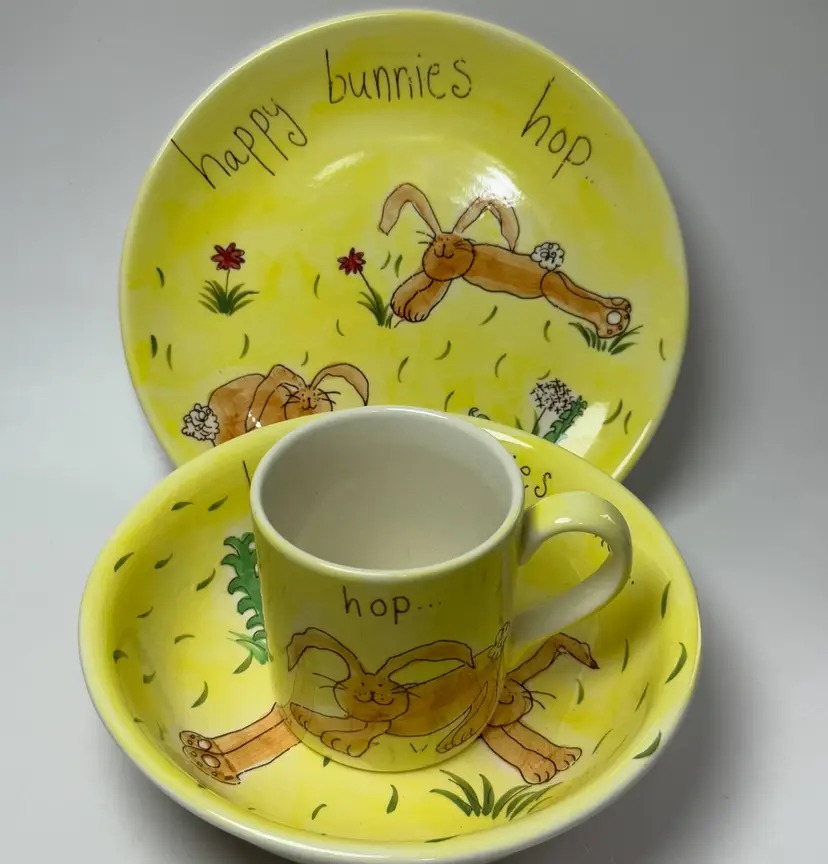 Vintage Happy Bunnies Hop Children's China Plate Mug Bowl Set Whittard of Chelsea England