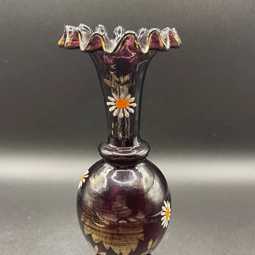 Antique, Handblown, Amethyst Ruffled Vase With Hand painted Florals