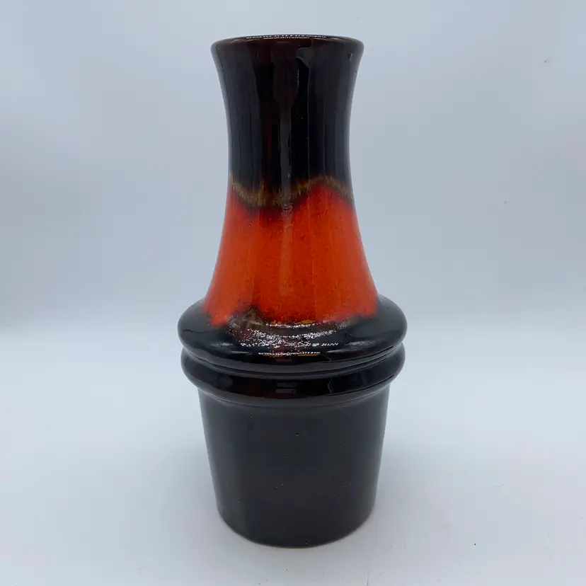 #2228 A West German "fat lava" ceramic vase with a red-orange and brown glaze.