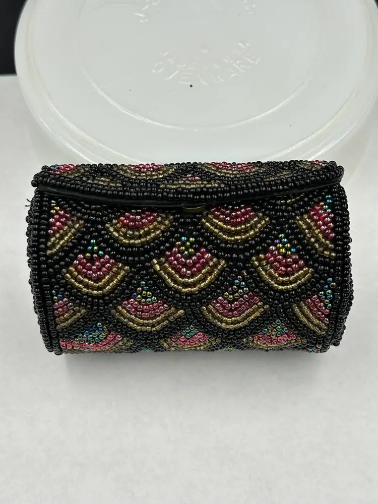 Iridescent beaded lipstick case with mirror