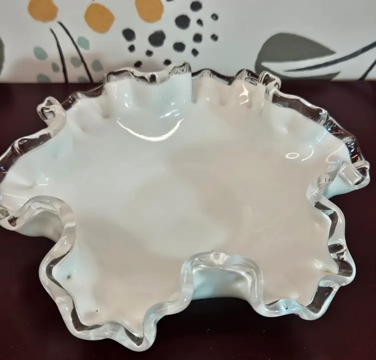 Vintage Fenton Ruffled Silver Crest Trinket Candy Dish Milk Glass 6"
