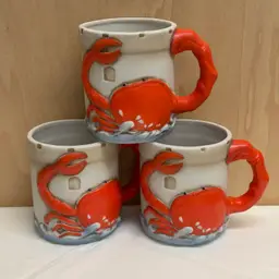 Vintage 1987 Nanco Red Crab Handle Lighthouse 8 oz Mug Cups Set Of 3 Maritimes