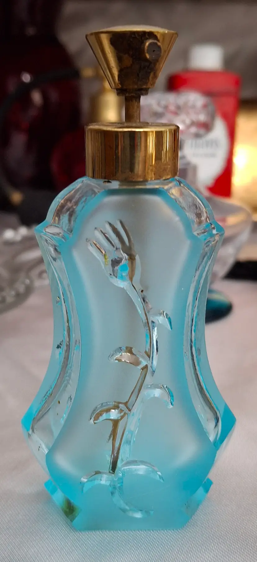 205 Vintage Czech Art Deco Blue Satin Glass Perfume Atomizer β Intaglio Floral Design β c. 1930s