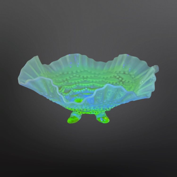 Antique Northwood Vaseline Glass Beaded Drape Opalescent Ruffle Edge Footed Dish UV Glows