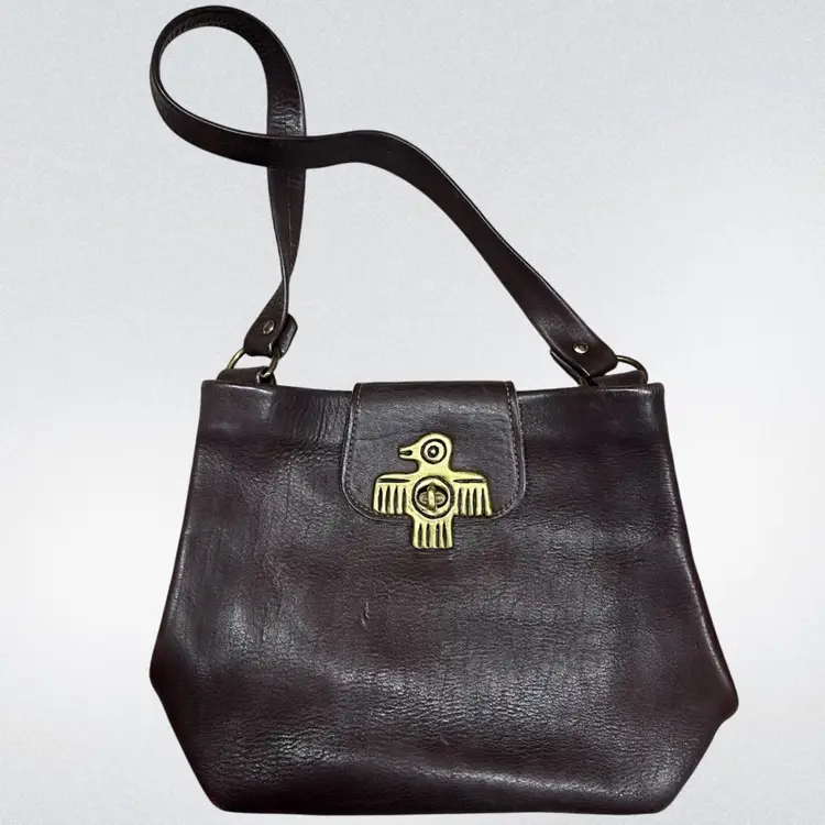 Enid Collins Of Texas Vintage Leather Purse With Brass Thunderbird Clasp, Vintage Collins Of Texas Dark Brown Leather Handbag With Brass Bird Clasp, Vintage Leather Shoulder Bag