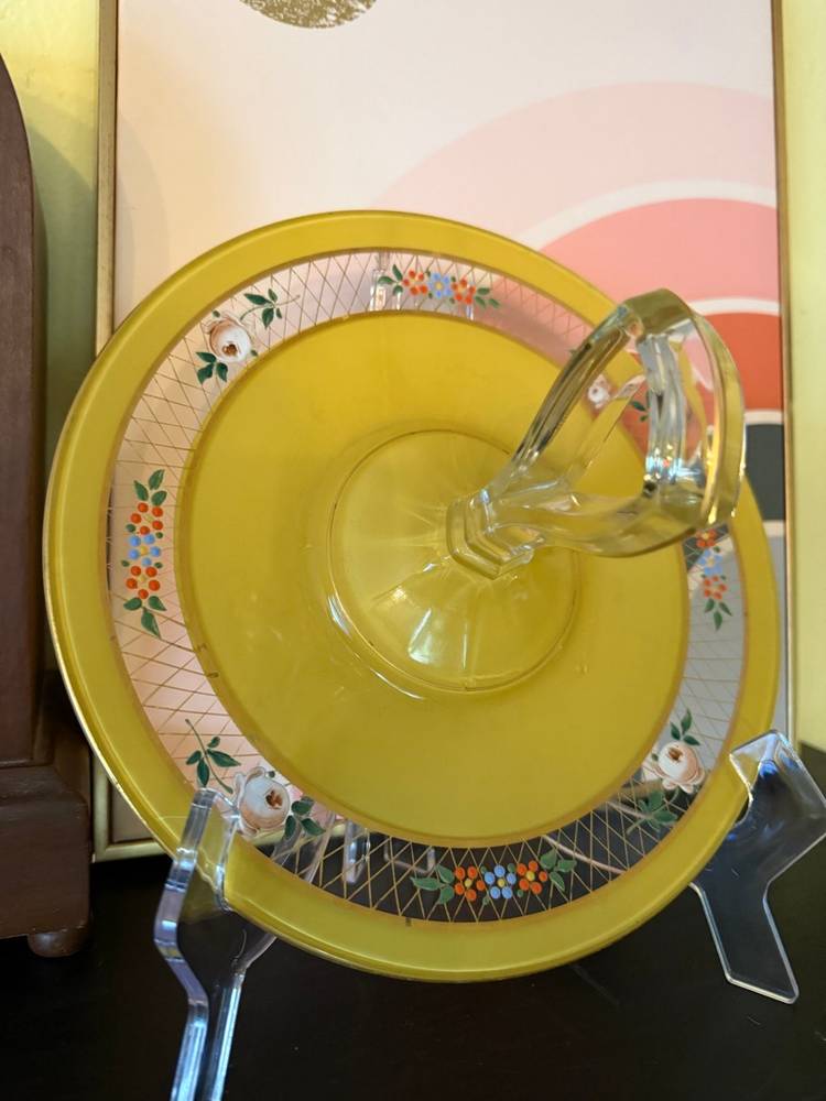 Vintage Yellow Depression Glass Tidbit Tray with Hand-Painted Enamel Florals, 1930s–40s