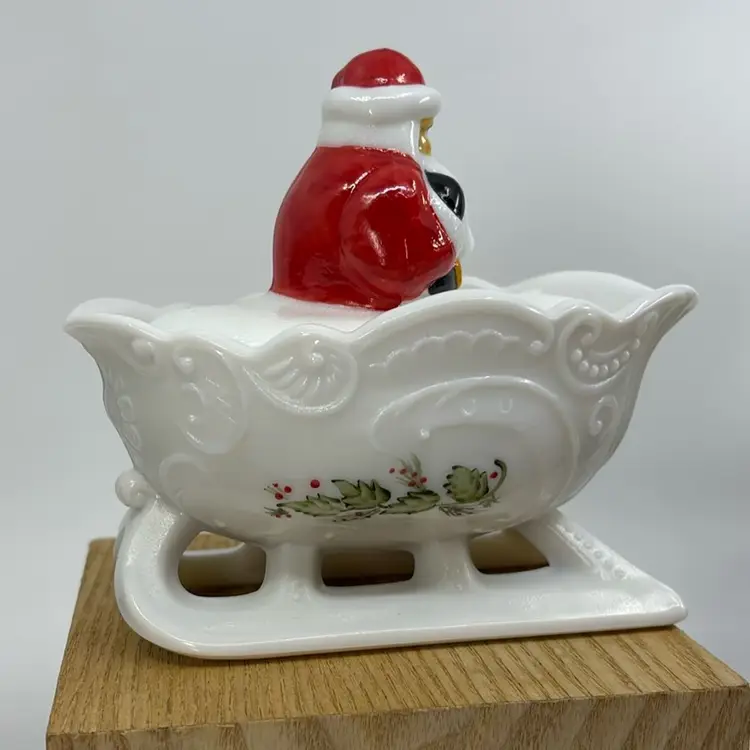 Santa On His Sleigh Painted Milk Glass Mosser Candy Trinket Dish Signed 5.5L 5H