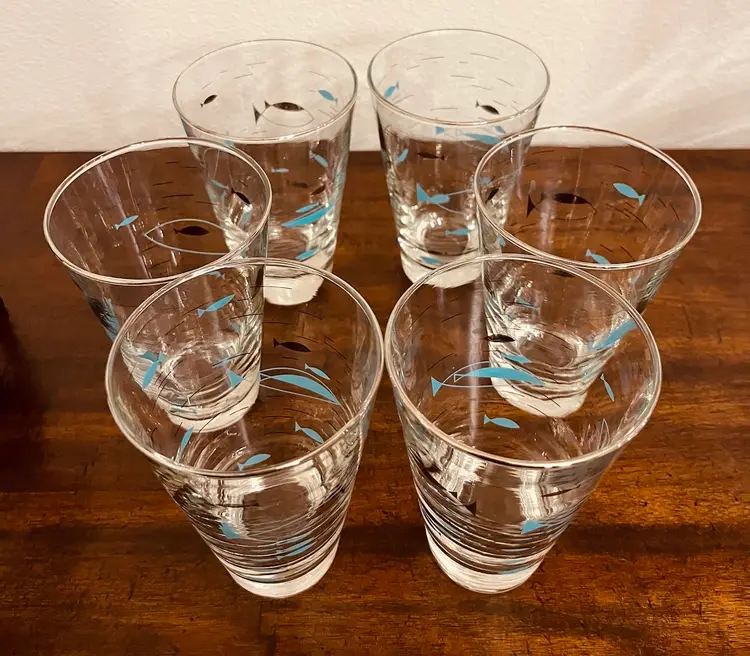 Vintage MCM Libbey Mediterranean Atomic Fish Highball Drinking Glasses Set of 6