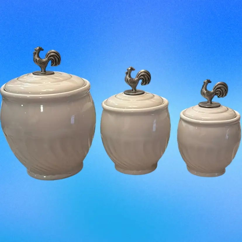 Set Of 3 Lillian Vernon Stoneware White Canisters With Pewter Rooster Tops