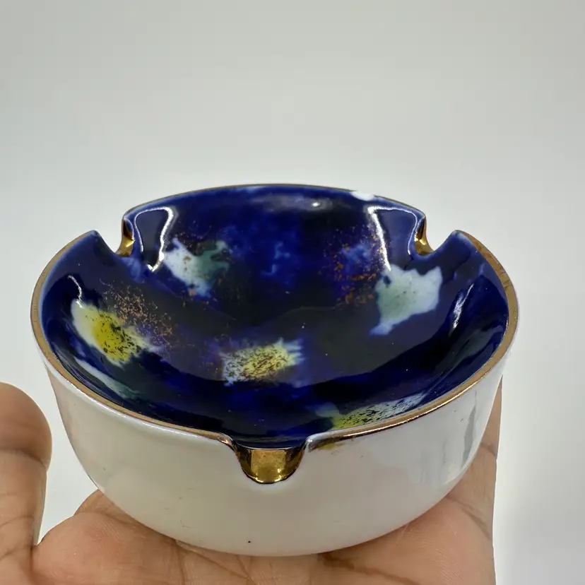 Vintage German Real Cobalt Gilt Round Porcelain Ashtray