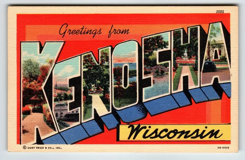 Greetings From Kenosha Wisconsin Large Letter City Postcard Curt Teich Unused
