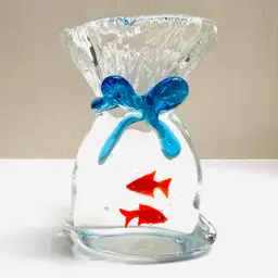 Vintage Art Glass Two Goldfish in Clear Bag Blue Bow