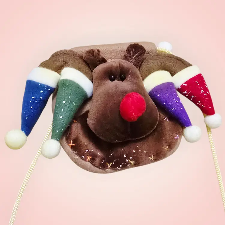 Vintage Christmas Moose Draw-String Candy/Gift Polyester Cloth Bag 7 x 5"