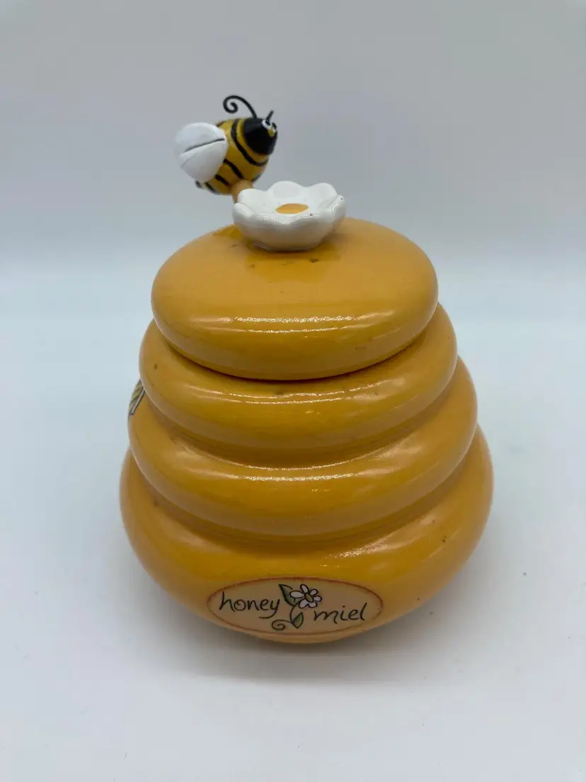 Ceramic Honey Miel Jar Honey Pot Bee Dipper And Bee Hive With Daisy