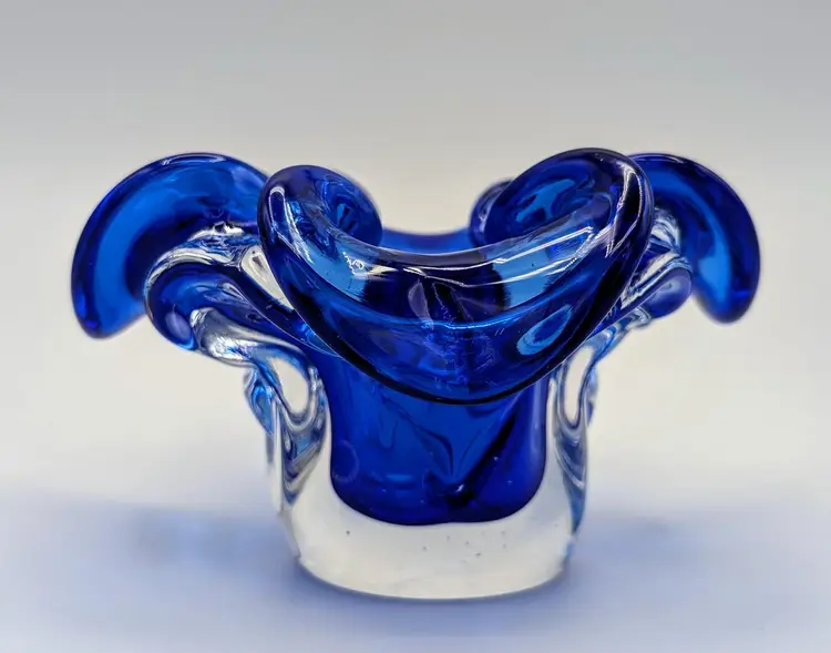 MCM Hand Blown Sommerso Colbalt Blue In Clear Art Glass Dish / Ashtray  Chalet