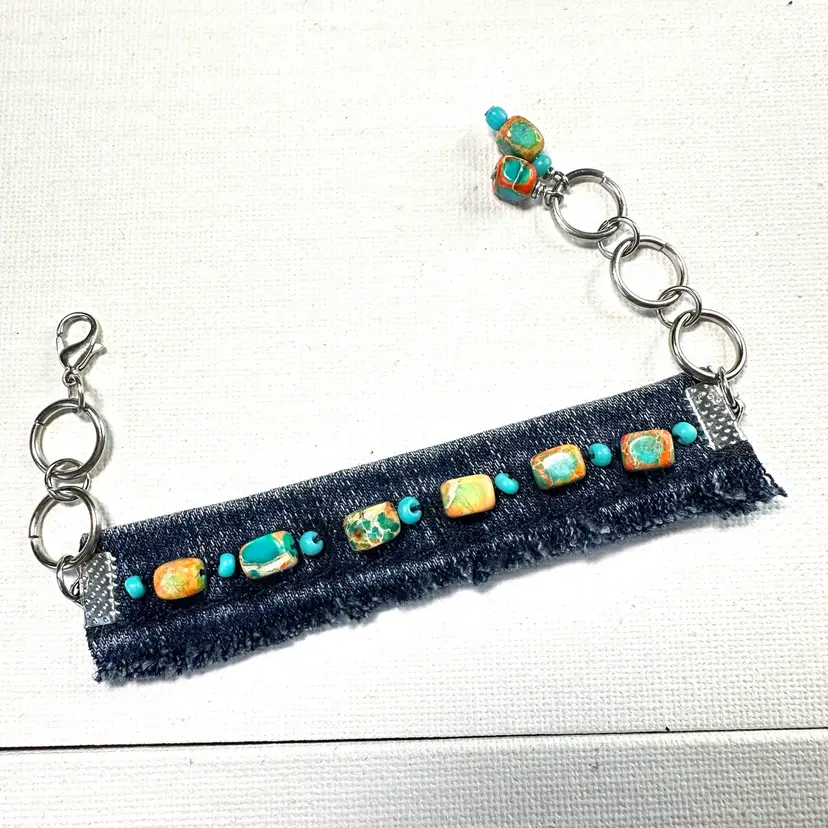 Repurposed Denim Bracelet Hand Sewn Beads Lobster Clasp Silver Tone 7”Adjustable Length