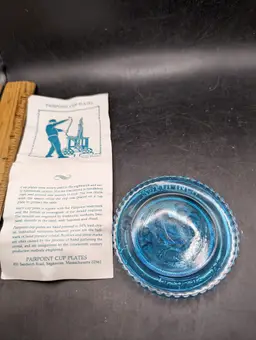 Vintage Pairpoint Cup Plate In Aqua Glass Goldfinch Design.