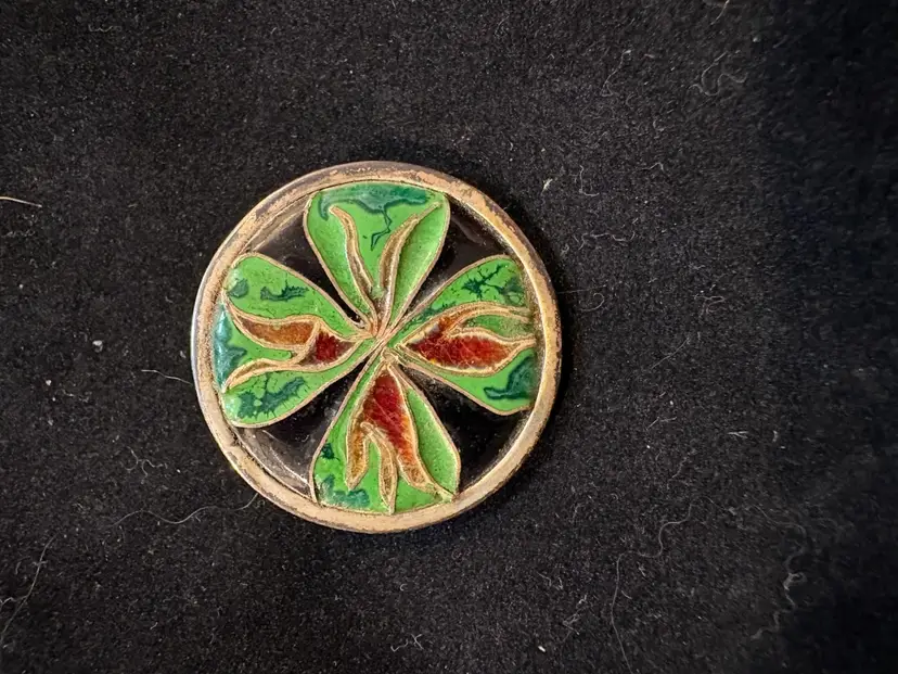 Vintage Sterling Silver Green Cloisonné four leaf clover Brooch