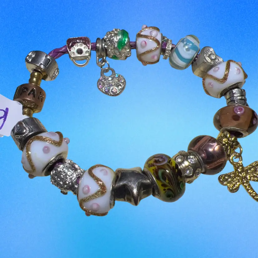 Pandora Charm Bracelet Purple Leather Woven Bracelet With 18 Charms Some Marked 925, 8 Glass Slider Beads