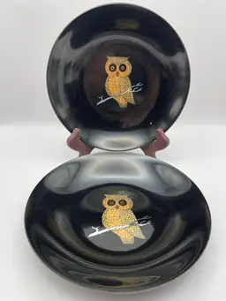 Couroc, Monterey, CA, 7.5” Black Resin Bowl with In-laid Owl. No two are alike!