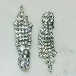 Silver Tone Faceted Clear Rhinestone Prong Set Dangle Statement Clip Back Earrings