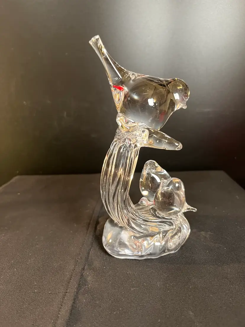 Made in Taiwan for Great City Treasures out of San Francisco-Clear Glass MaMa Bird on Top Branch w/ 2 Baby birds on Base