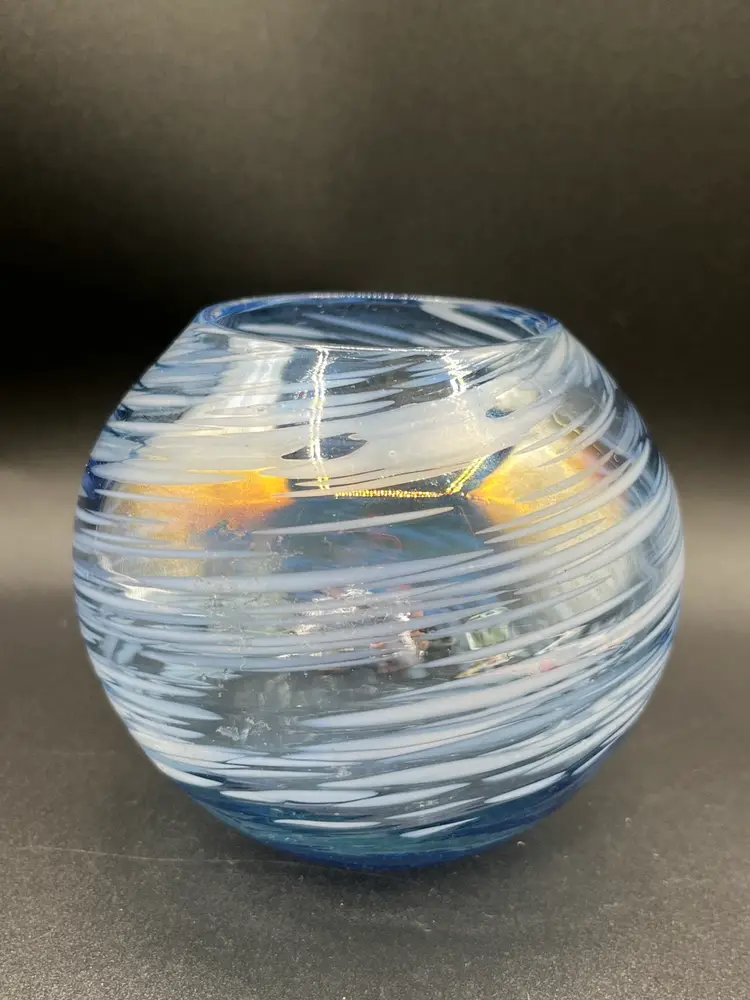 Blue Blown Glass White Speckled Sale Bulbous Rose Bowl Vase 4”