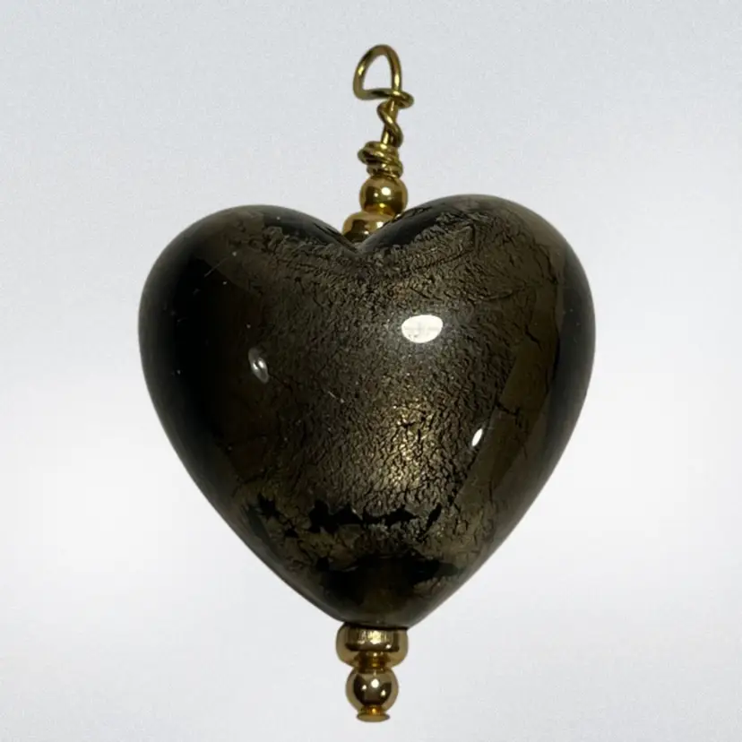 Art Glass Heart Wire Wrap Bead Pendant Black & Gold Shimmer | 1”