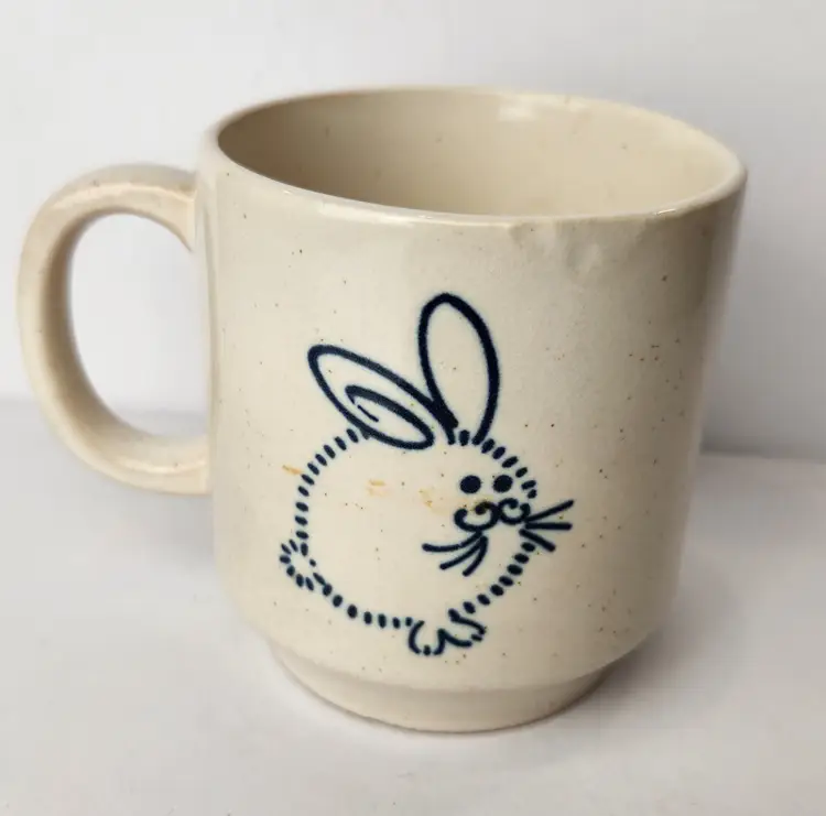 Vintage Blue Bunny Rabbit Coffee Mug MCM Beige & Blue 3.25" tall Smooth Chip dent on rim