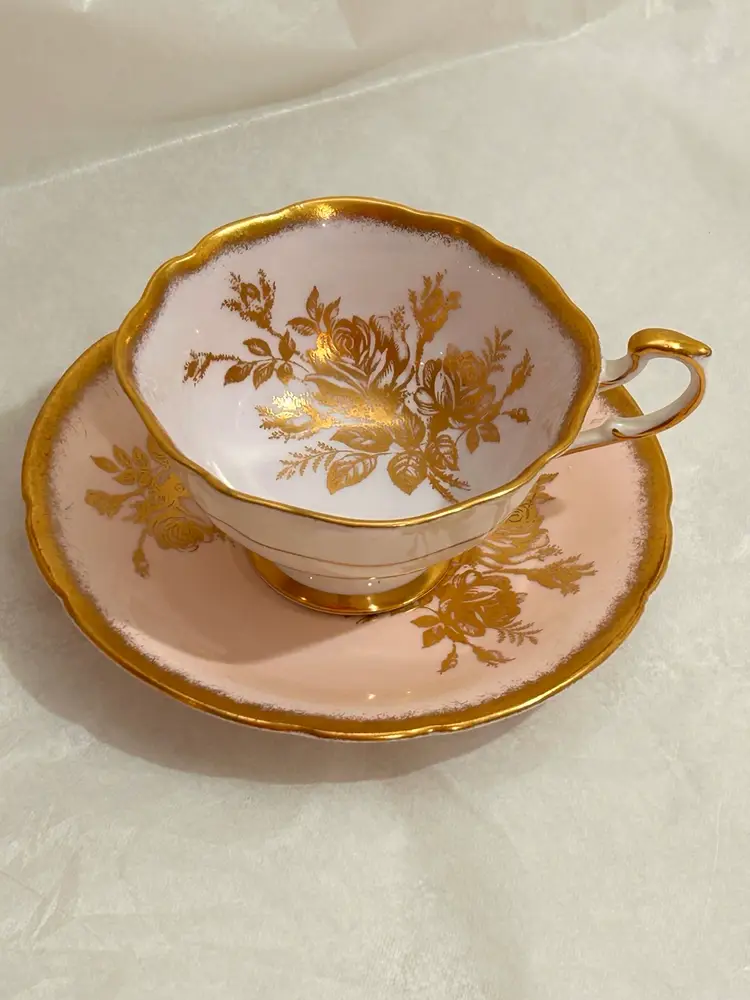 Vtg Paragon Anniversary Rose Footed Tea Cup and Saucer Gold Gilt Roses Pastel Pink
