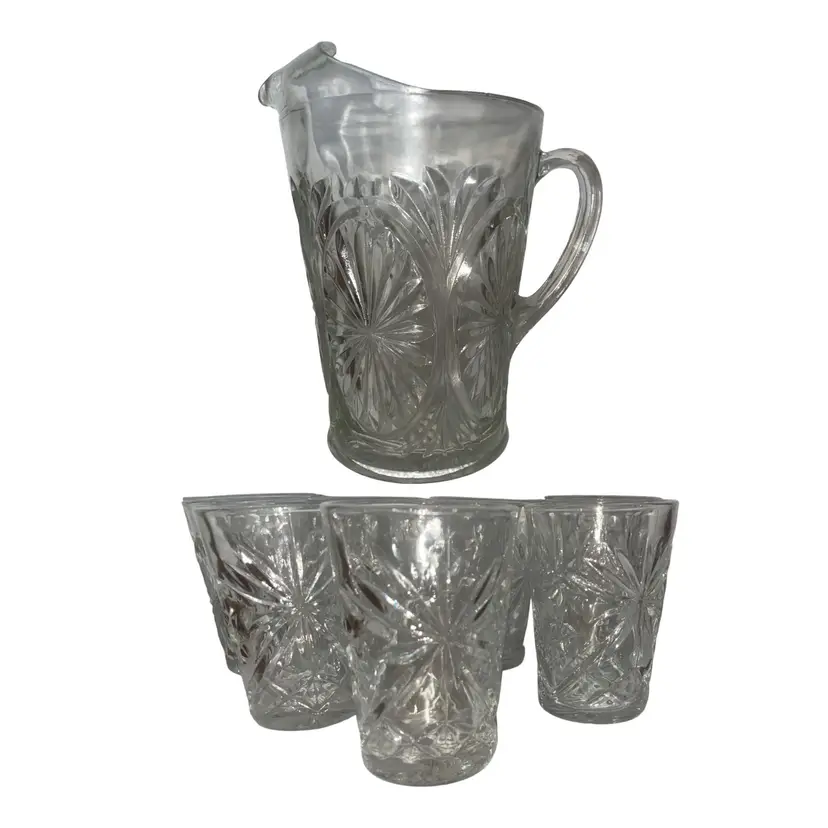 Vintage | Antique | Pressed Glass Rosette | Pitcher with 8 glasses EUC