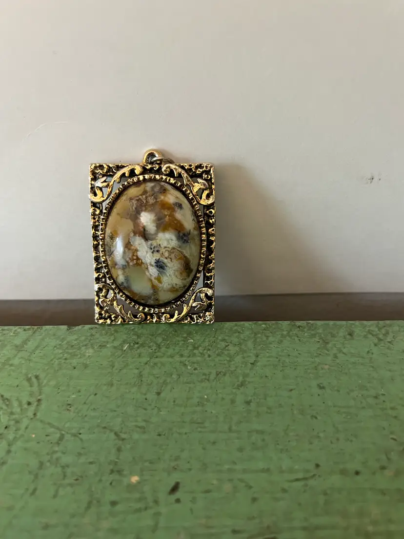 Vintage Eagle Eye Agate Pendant with Gold Tone Setting 2" x 1.5"