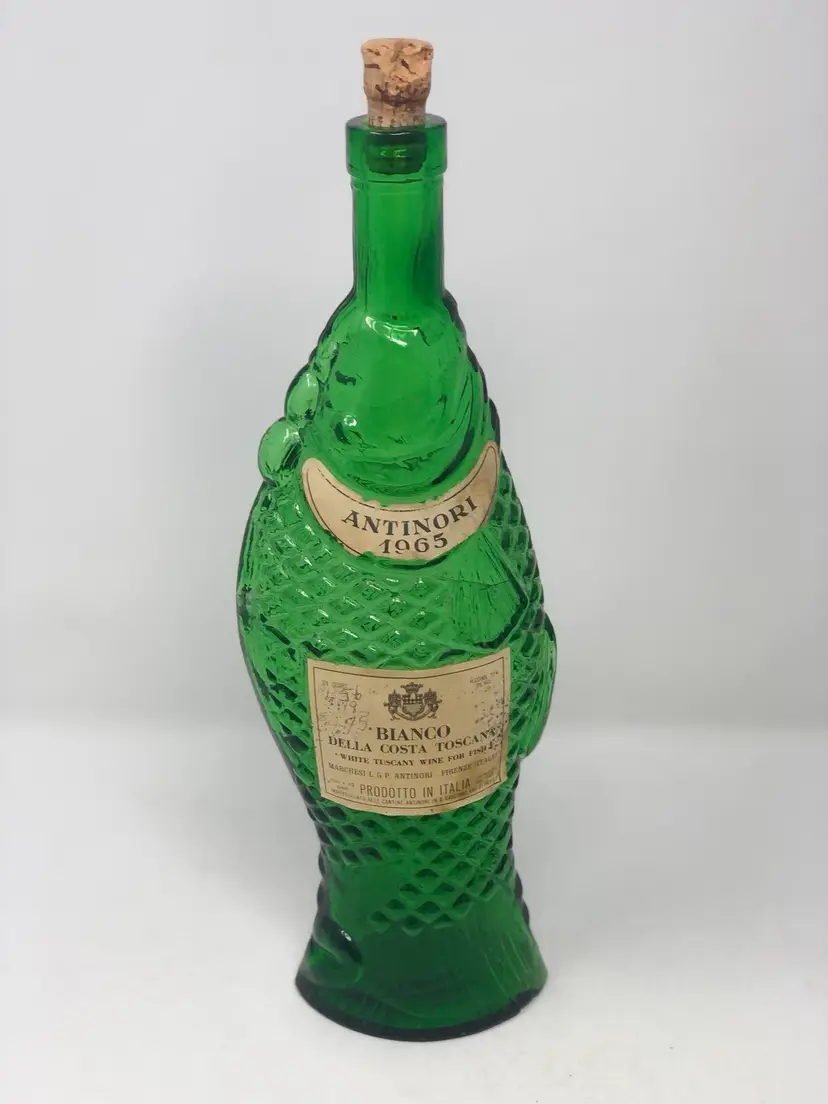 #01 Green Glass Fish-Shaped Italian Wine Bottle with Original Cork and Label