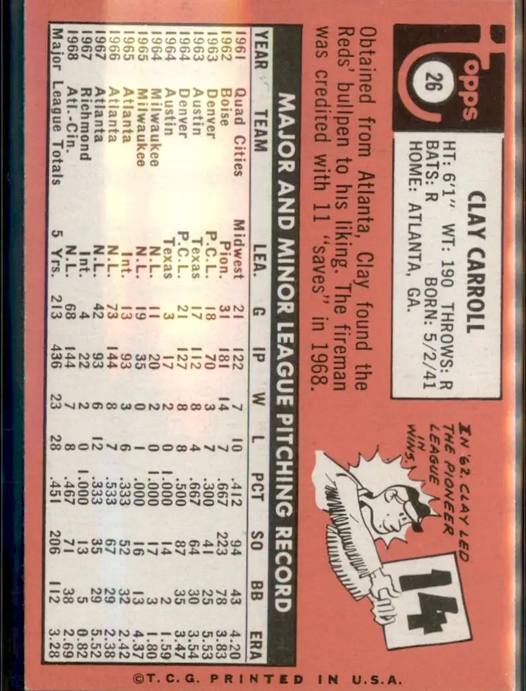 1969 Topps #26 Clay Carroll - (pk3) - Cincinnati Reds