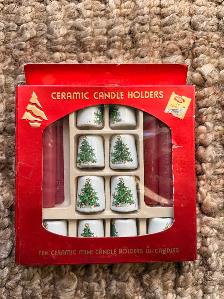 Vintage Ceramic Christmas Tree Mini Candle Holders in Original Box with Unused Candles, Made in Taiwan