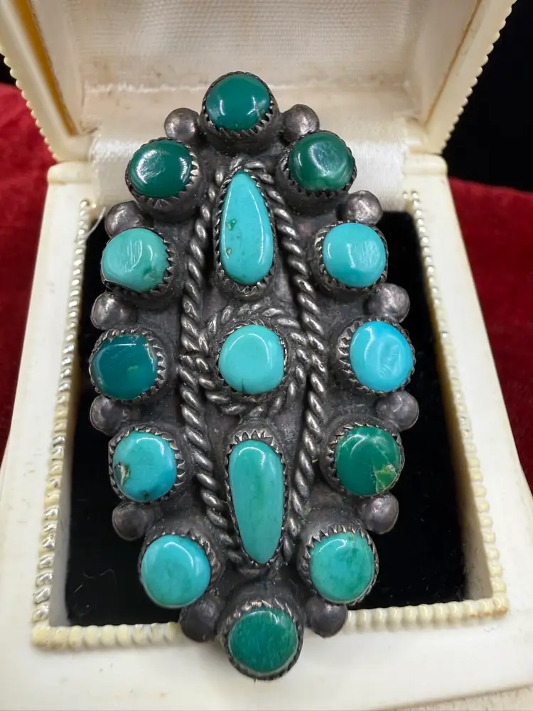 BILL & LOU LAWEKA ZUNI STERLING SILVER TURQUOISE PETITE POINT CLUSTER RING sz 5 3/4