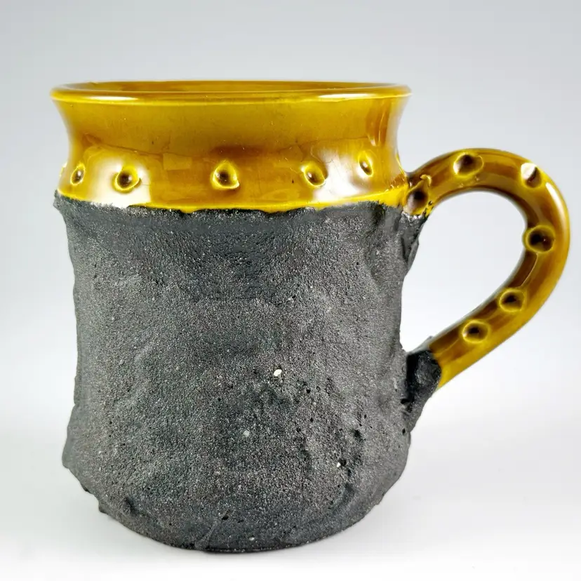 Holt-Howard Black Fat Lava Glaze Mug with Yellow Rim, Vintage MCM, Made in Italy